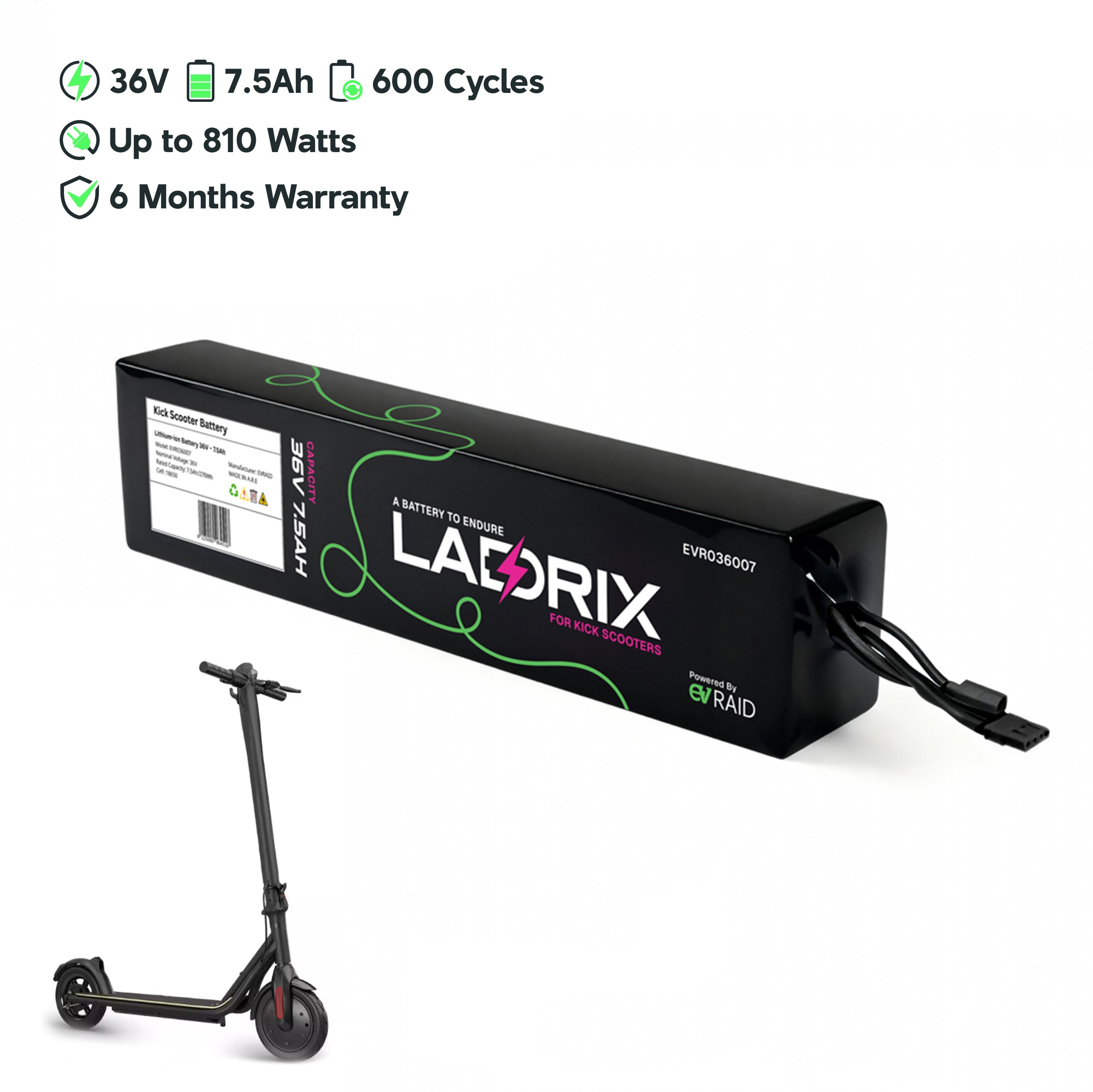 LADRIX Lithium Battery for Kick Scooters 36V — 7.5Ah